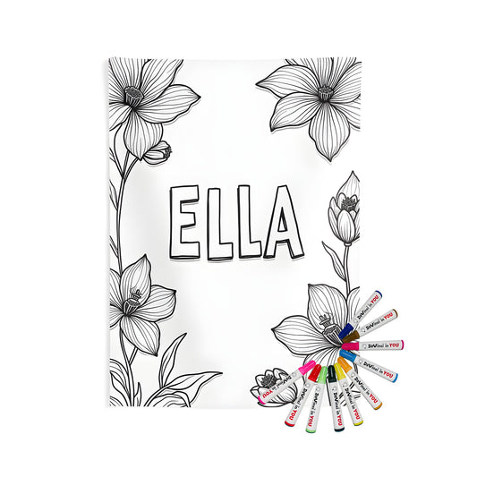 Decorative wall tapestry featuring colorful outlined flowers and typography