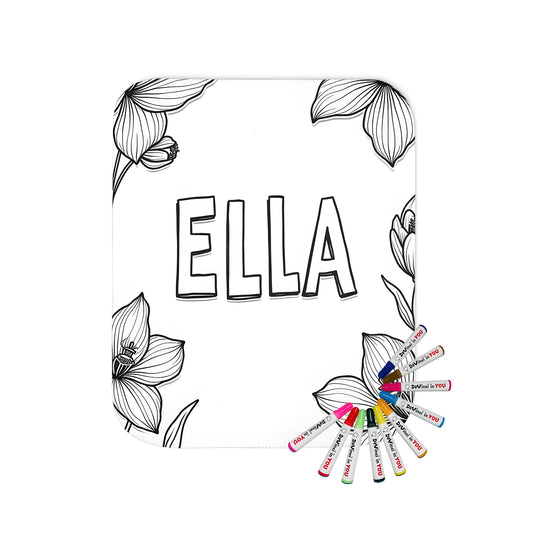 Blanket coloring kit images featuring black and white illustrations of flowers surrounded by the name ELLA