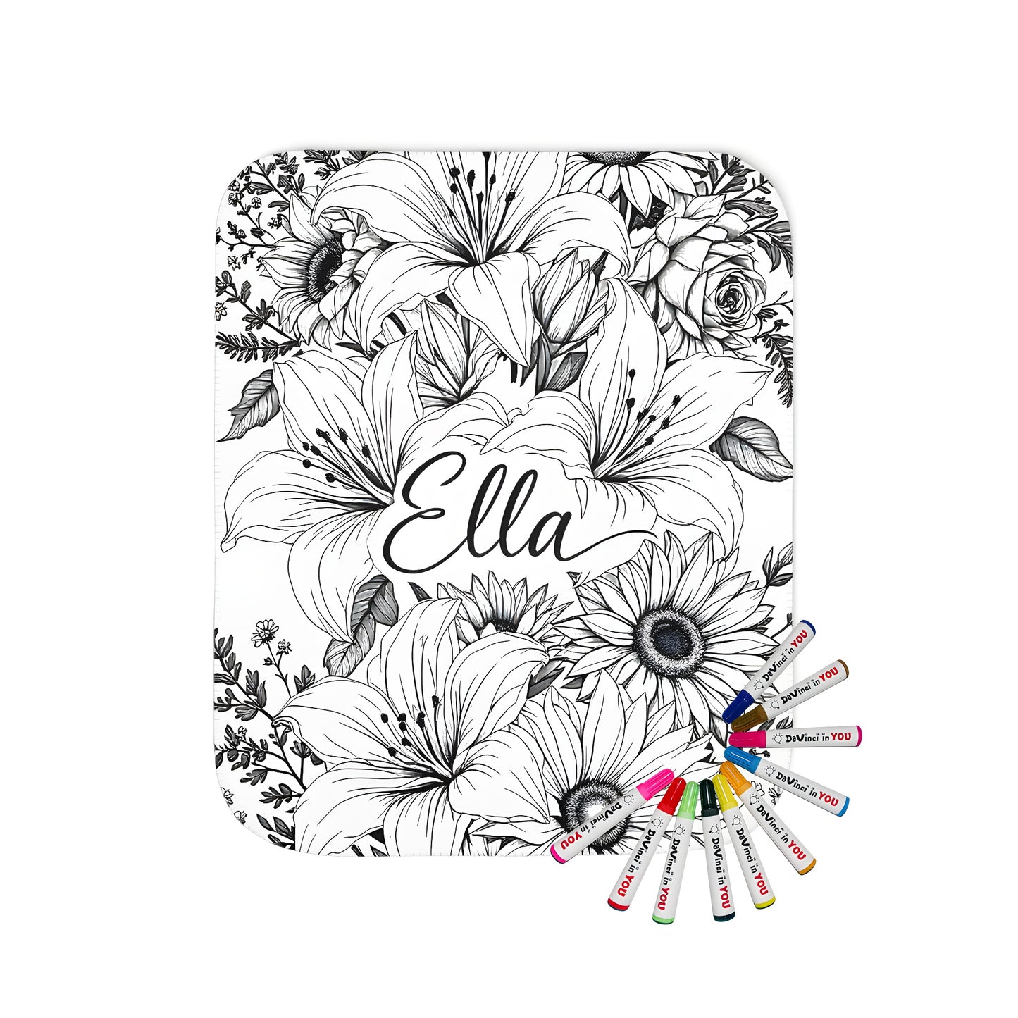 Coloring blanket with floral pattern featuring sunflowers, lilies, and whimsical details