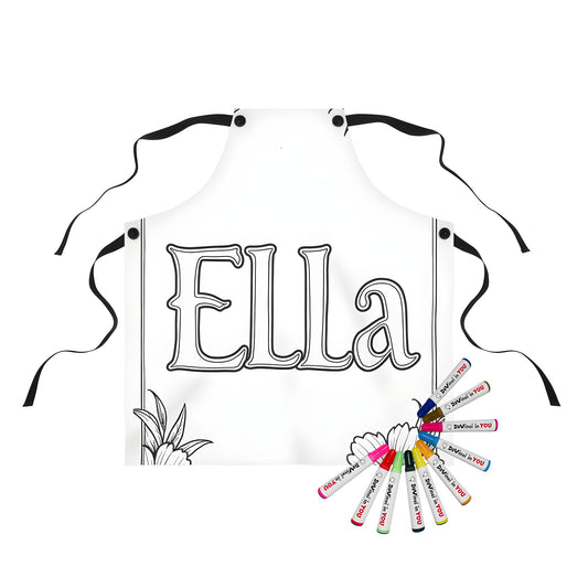 Coloring apron with Ella and floral border design, perfect for art supplies or kids