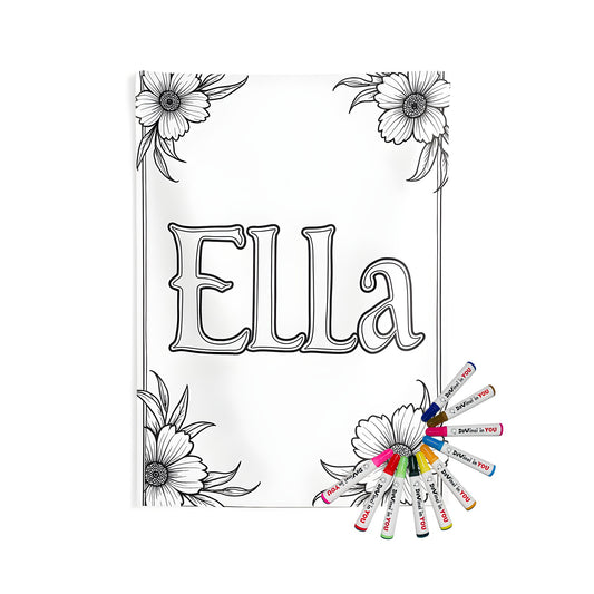 Indoor wall tapestry featuring a vibrant coloring page design of Ella surrounded by a beautiful floral border with intricate details