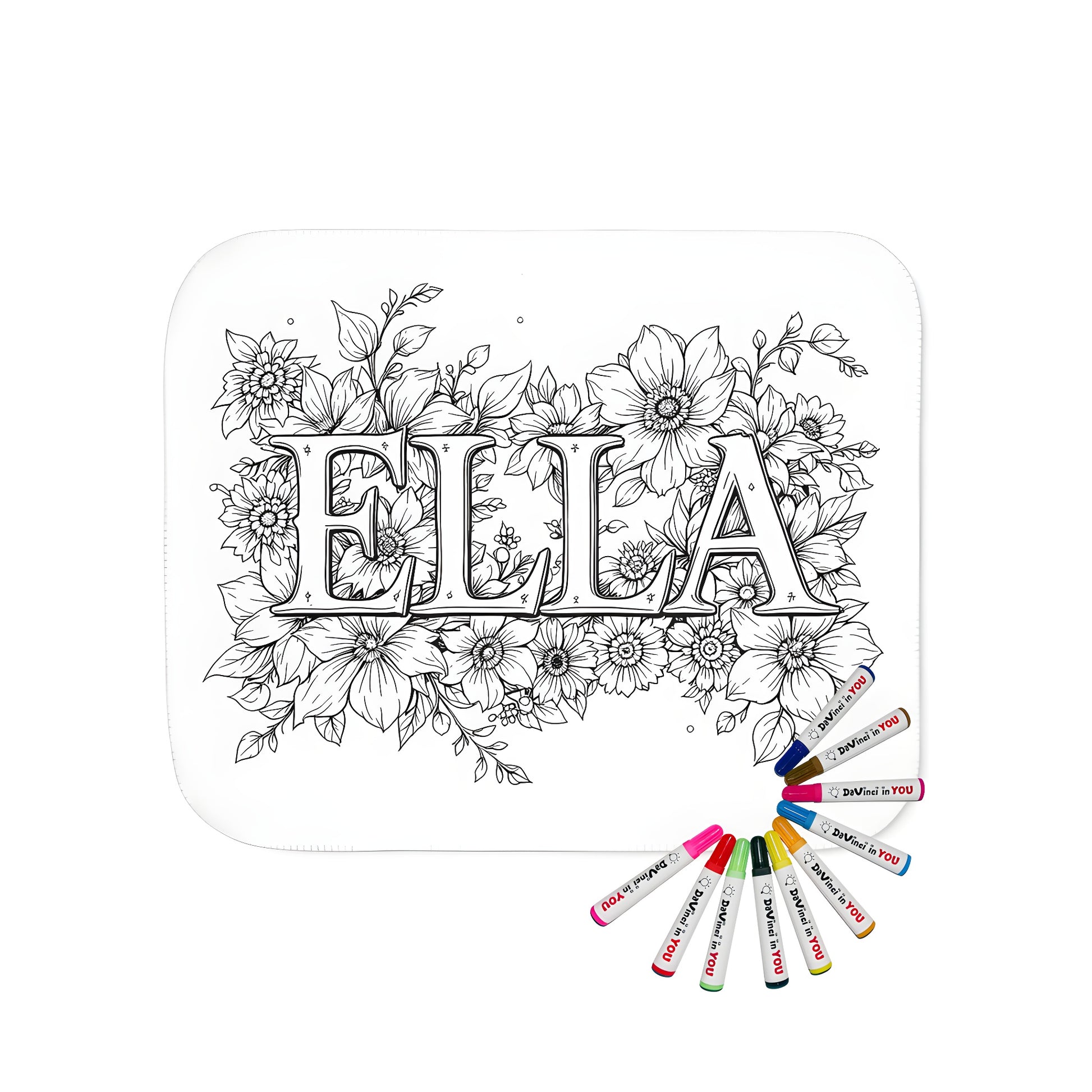 A vibrant blanket featuring an intricate floral art design with the name 'Ella' in bold letters, perfect for coloring and relaxation.