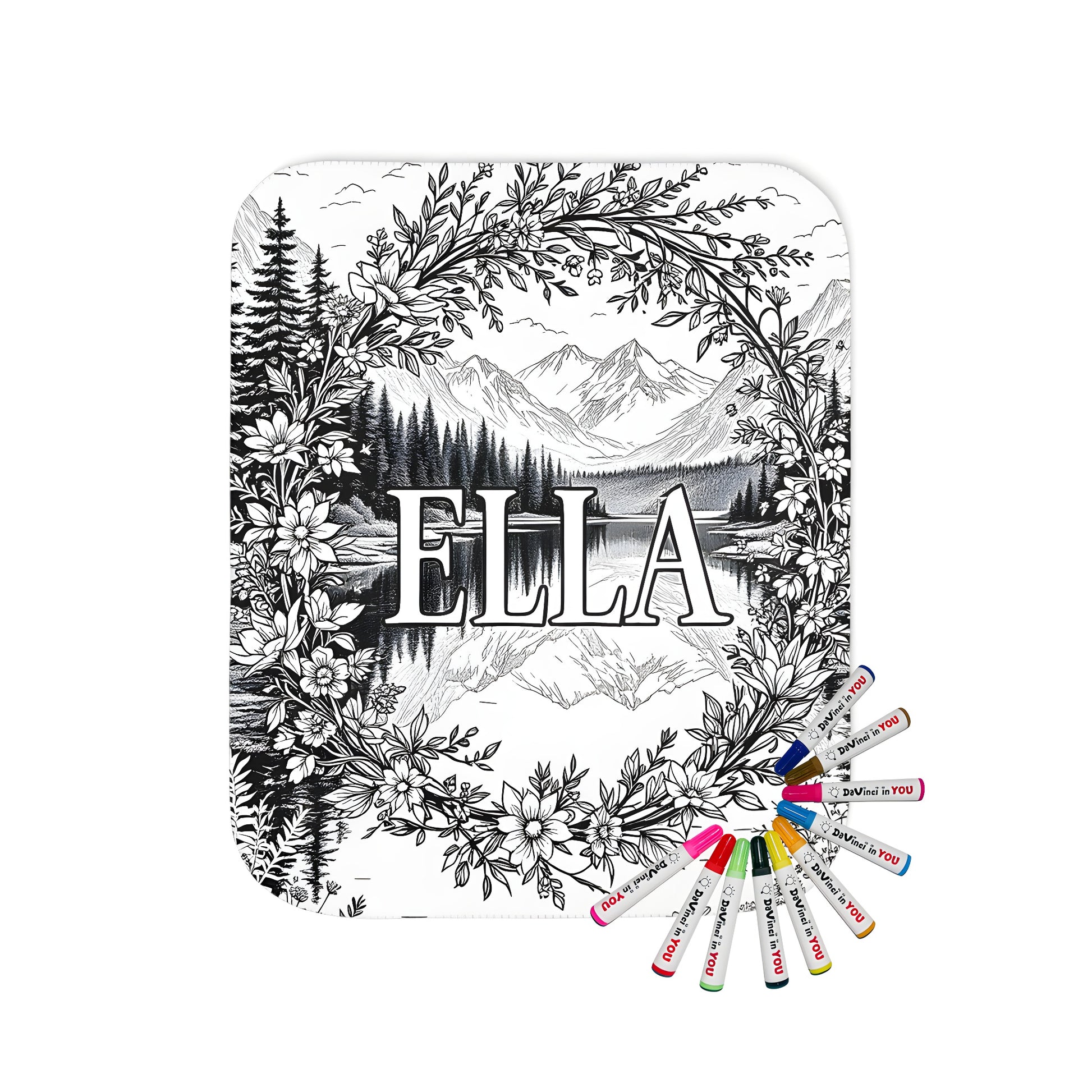 Cozy blanket with serene floral landscape design, featuring a whimsical black and white wreath surrounding 'Ella', set against a peaceful mountain and lake background