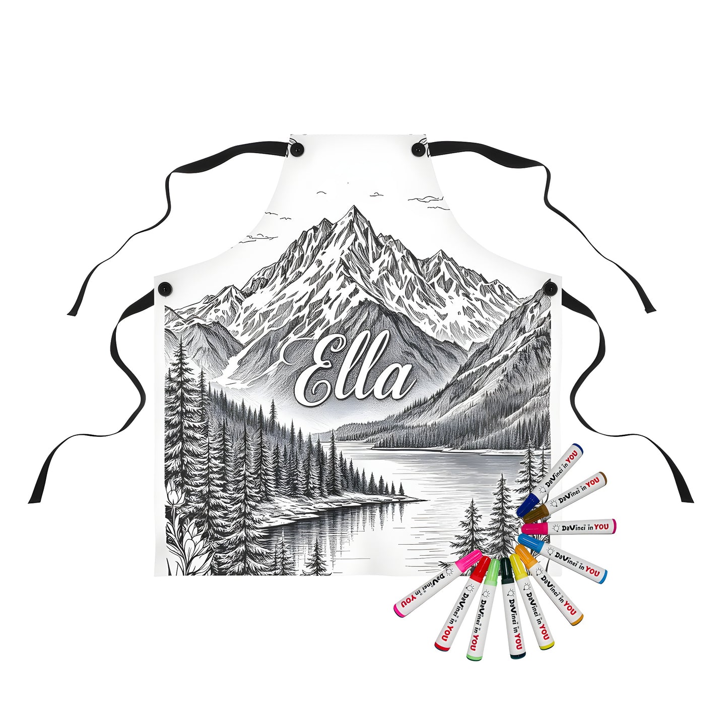 Coloring apron with whimsical mountain scene, featuring serene landscape with trees and lake, adorned with floral borders