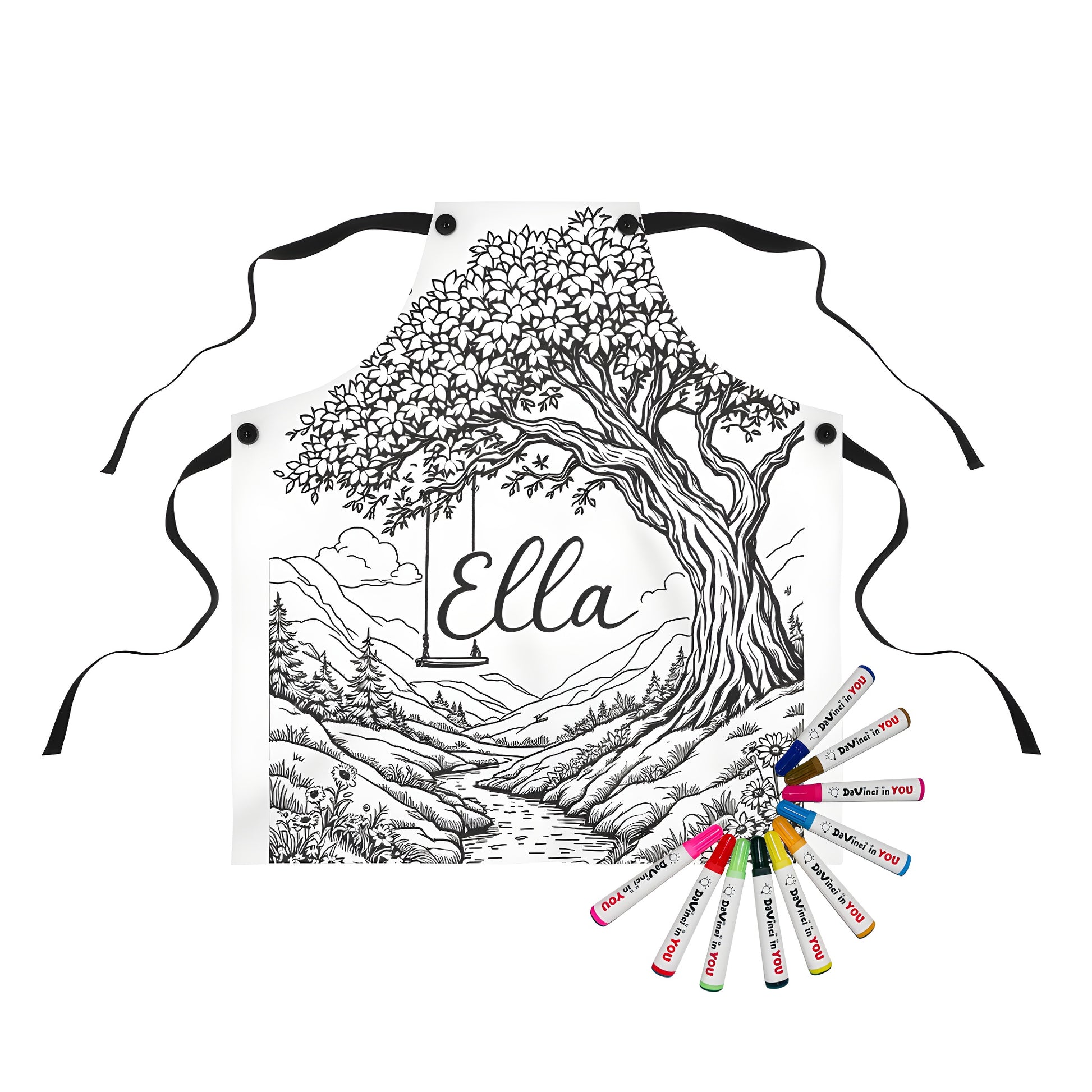 A colorful nature-inspired design on an apron featuring a serene landscape with a tree, swing, and stream, reminiscent of a peaceful outdoor scene