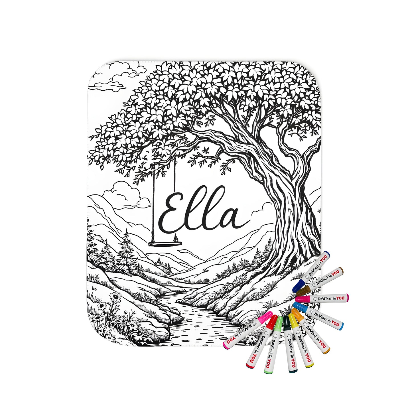 Cozy blanket with nature-inspired coloring design featuring a tree, swing, and stream