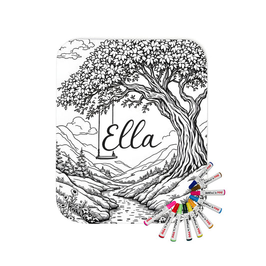 Cozy blanket with nature-inspired coloring design featuring a tree, swing, and stream