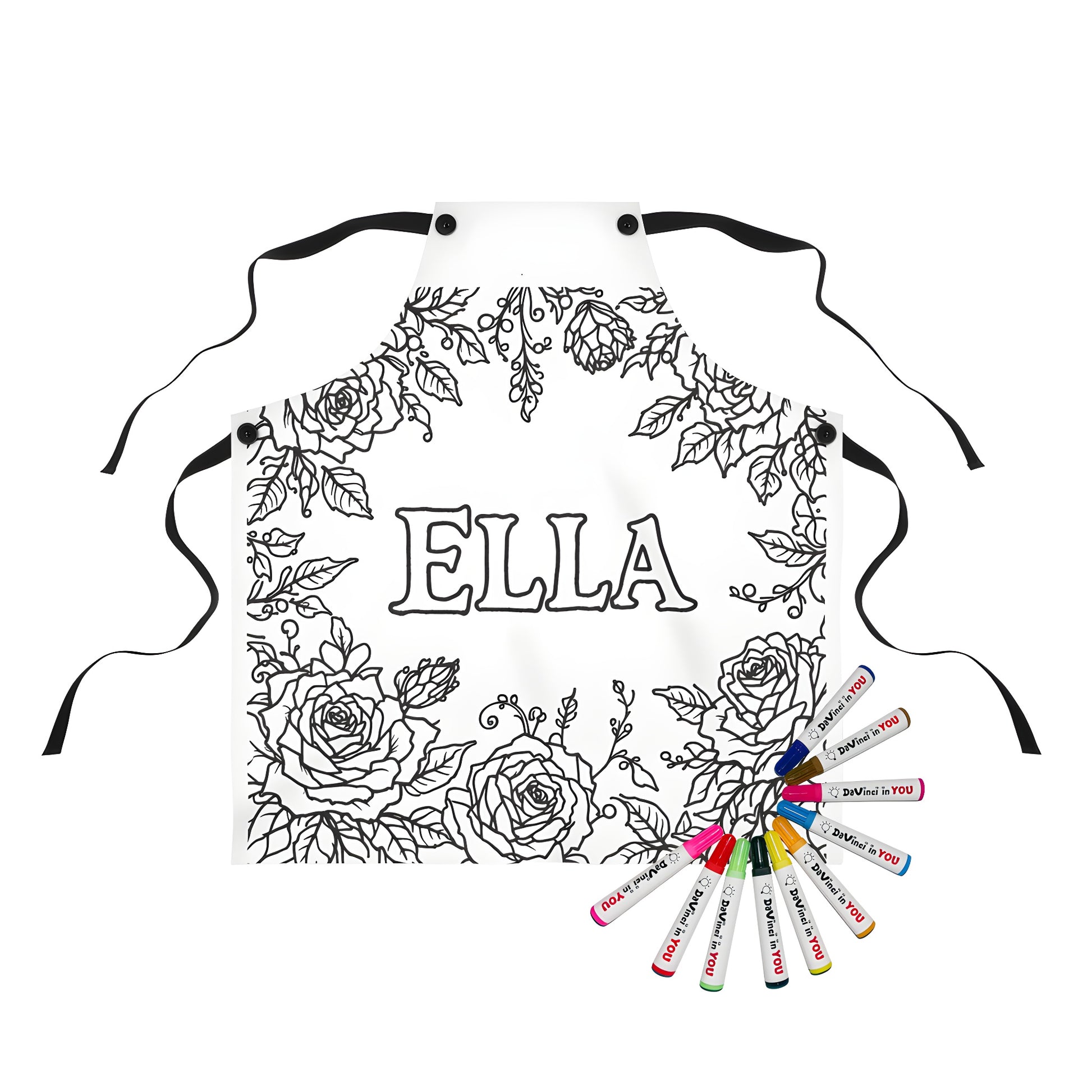 Coloring apron with rose design for adults or kids, featuring black and white floral illustration, ELLA in center, perfect for gift