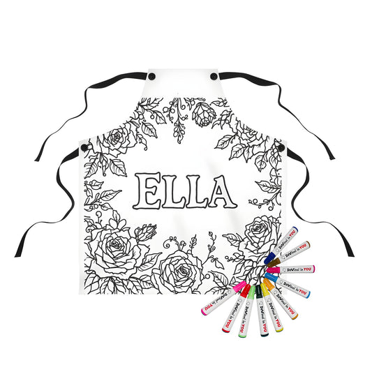 Coloring apron with rose design for adults or kids, featuring black and white floral illustration, ELLA in center, perfect for gift