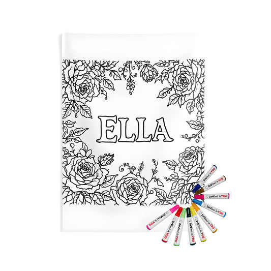 Indoor wall tapestries with floral design featuring roses, foliage and ELLA illustration