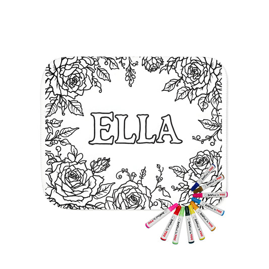 Blanket with beautiful Black and white floral illustration featuring roses, rosebuds, foliage, and the name ELLA in the center