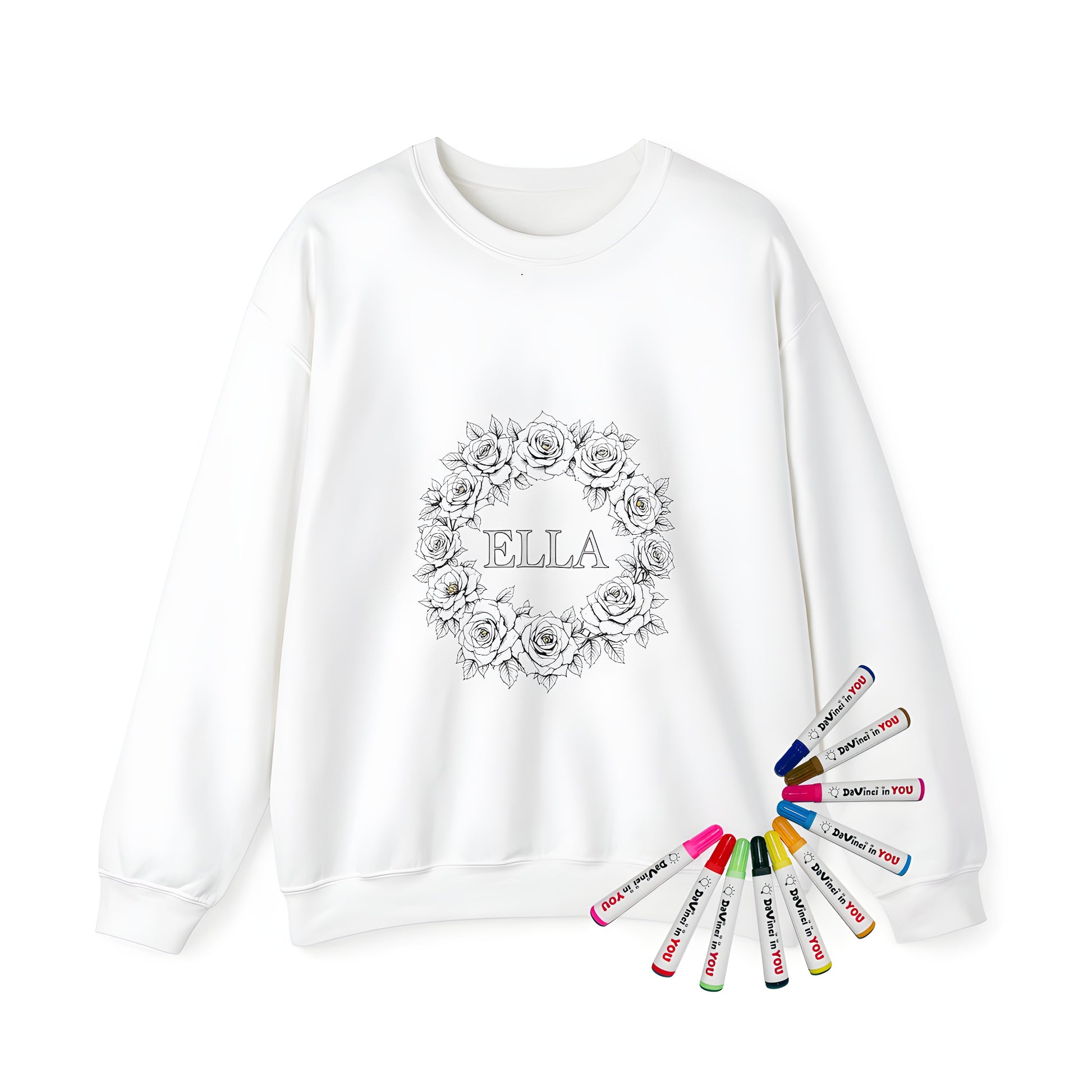 Adult sweatshirt with detailed rose wreath and 'ELLA' design