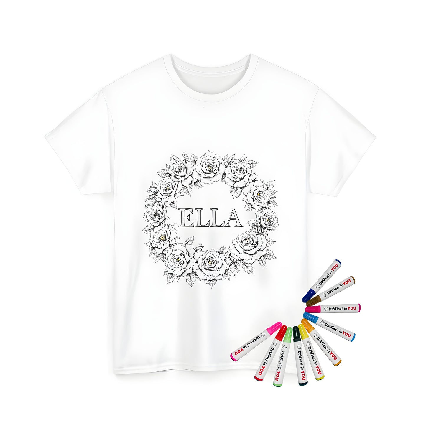Unisex t-shirt featuring a colorful rose wreath design, intricate floral artistry and a detailed illustration of a black and white rose wreath with the name 'ELLA' inside. Also known as a floral wreath, flower wreath or garden garland print.