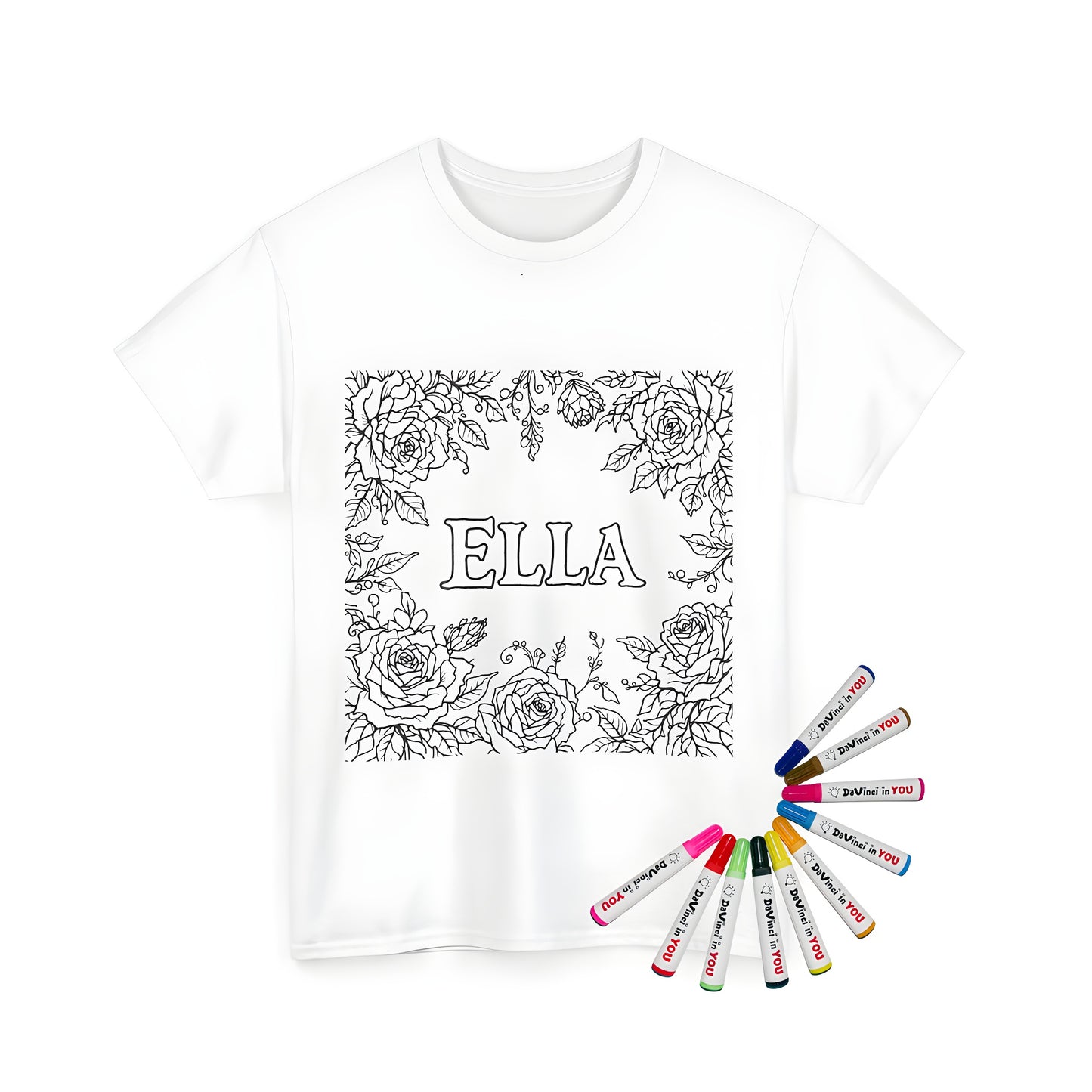 Unisex t-shirt featuring a colorful floral illustration of black and white roses and foliage with the name ELLA in the center