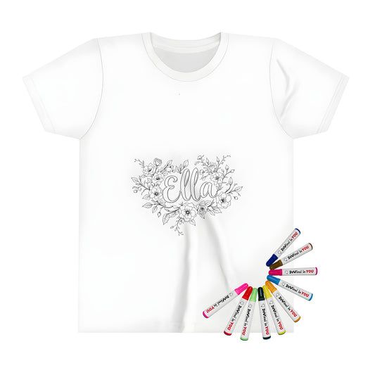 A kid's t-shirt featuring a colorful floral design for kids to color and create their own art