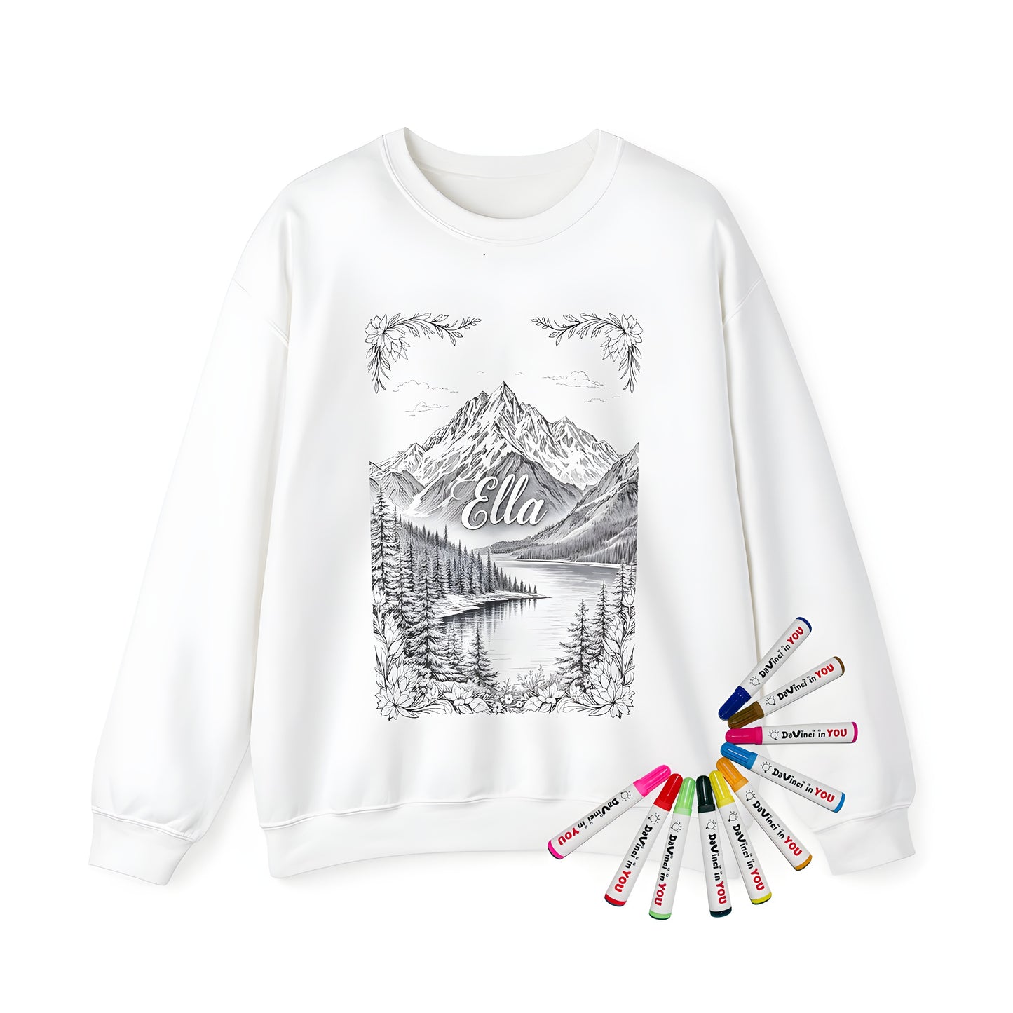 Adult sweatshirt with a serene mountain landscape coloring page design featuring trees and a lake, adorned with floral borders