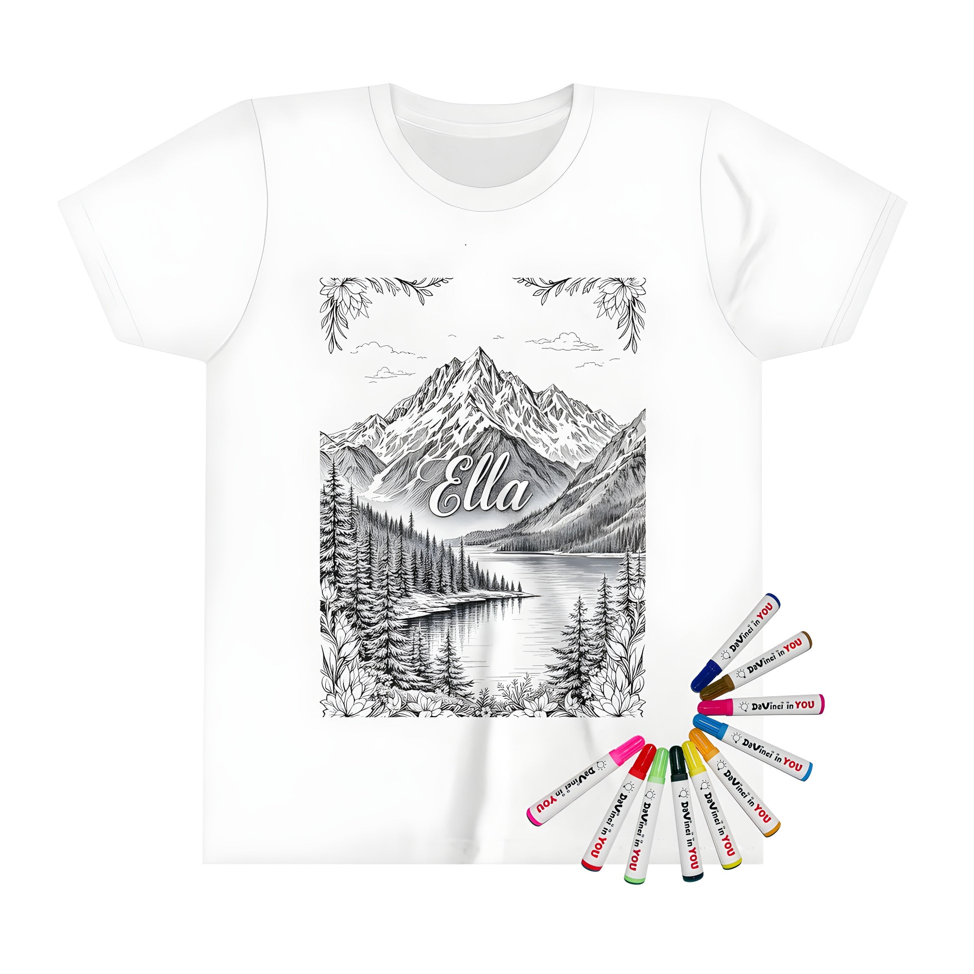 Colorful kid's t-shirt featuring a serene mountain landscape design with trees and lake, perfect for little ones to wear while creating art