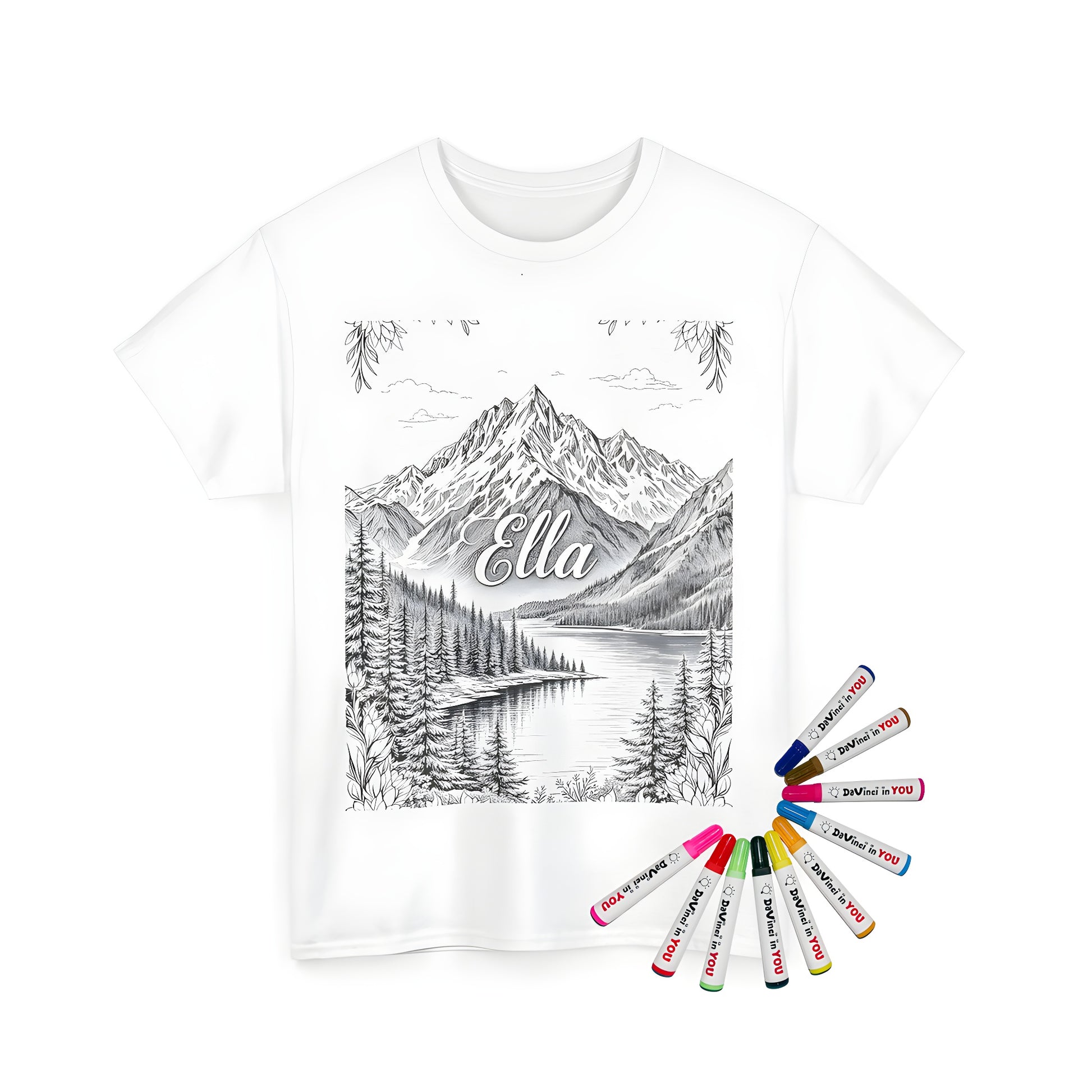 Coloring kit with unisex t-shirt featuring a serene black and white mountain landscape art design with trees and lake, perfect for adult coloring enthusiasts, including words like peak, summit, hills, and scenery