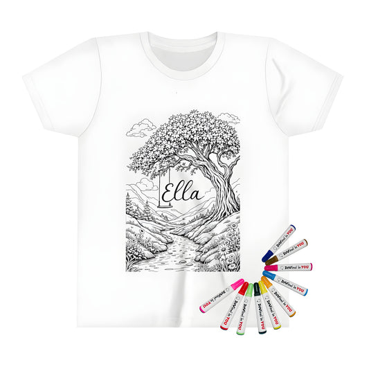 A child's t-shirt featuring a colorful nature scene design with a tree, swing, stream, and foliage