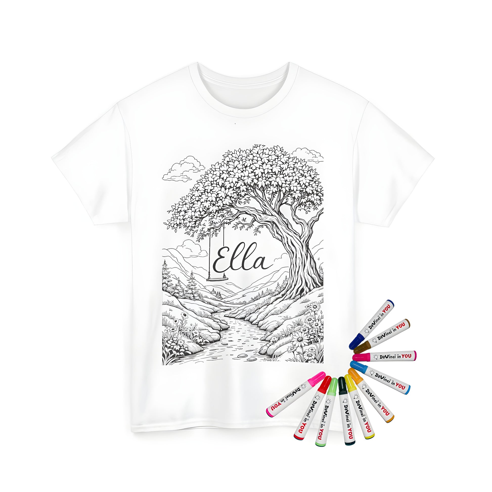 Unisex t-shirt with coloring page design featuring a peaceful nature scene, tree swing over a meandering stream and lush foliage