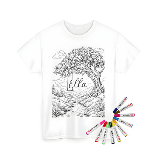 Unisex t-shirt with coloring page design featuring a peaceful nature scene, tree swing over a meandering stream and lush foliage