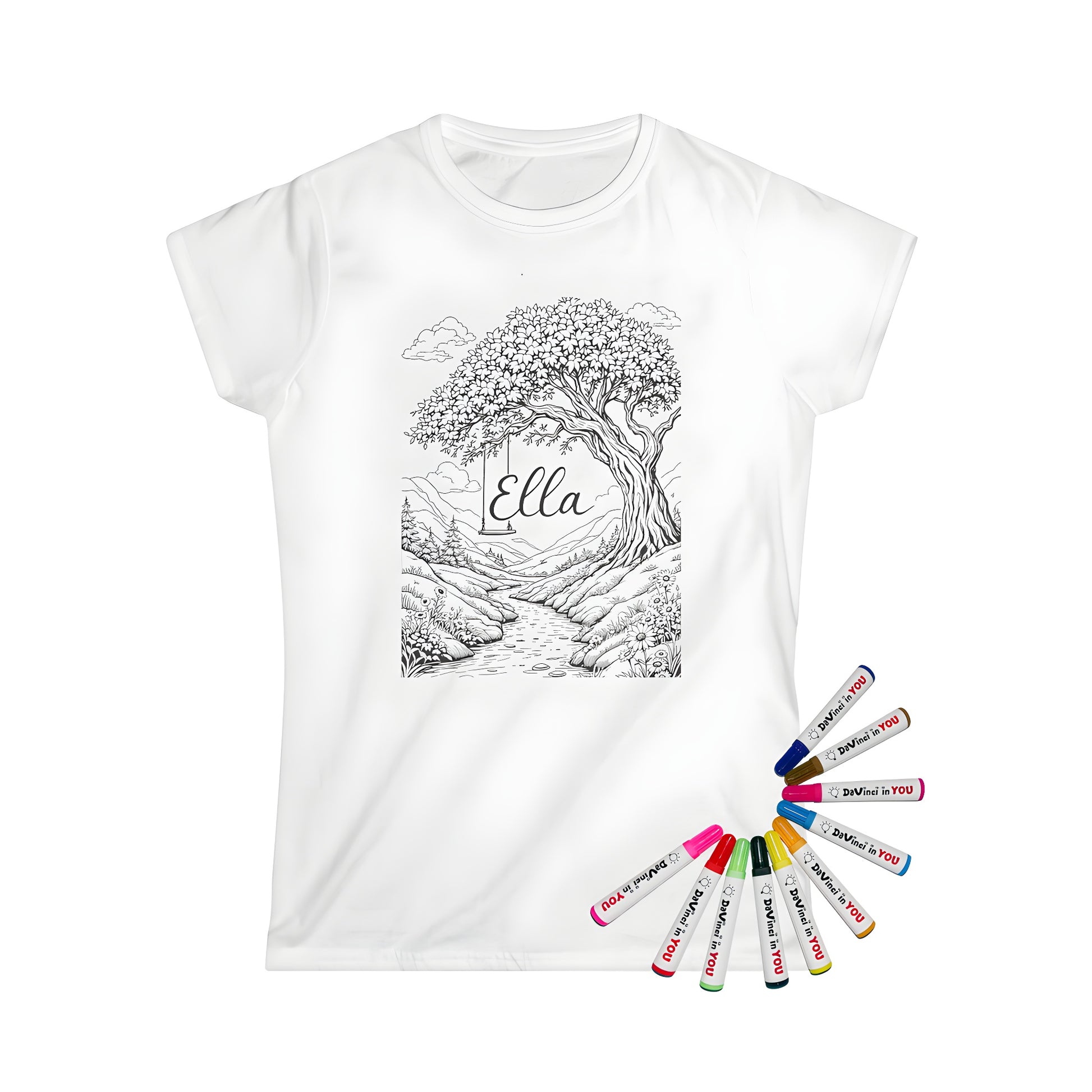 Women's nature-inspired graphic t-shirt featuring a serene landscape of a tree swing over a winding stream surrounded by vibrant foliage and Ella's garden scene