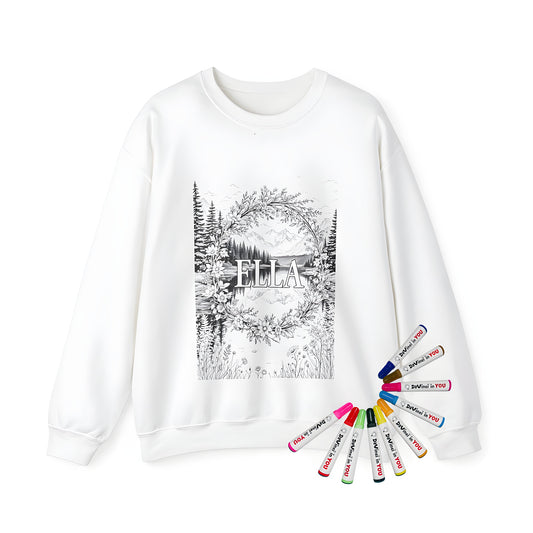 Adult sweatshirt with serene floral wreath design surrounding name 'Ella', set against a peaceful mountain and lake background