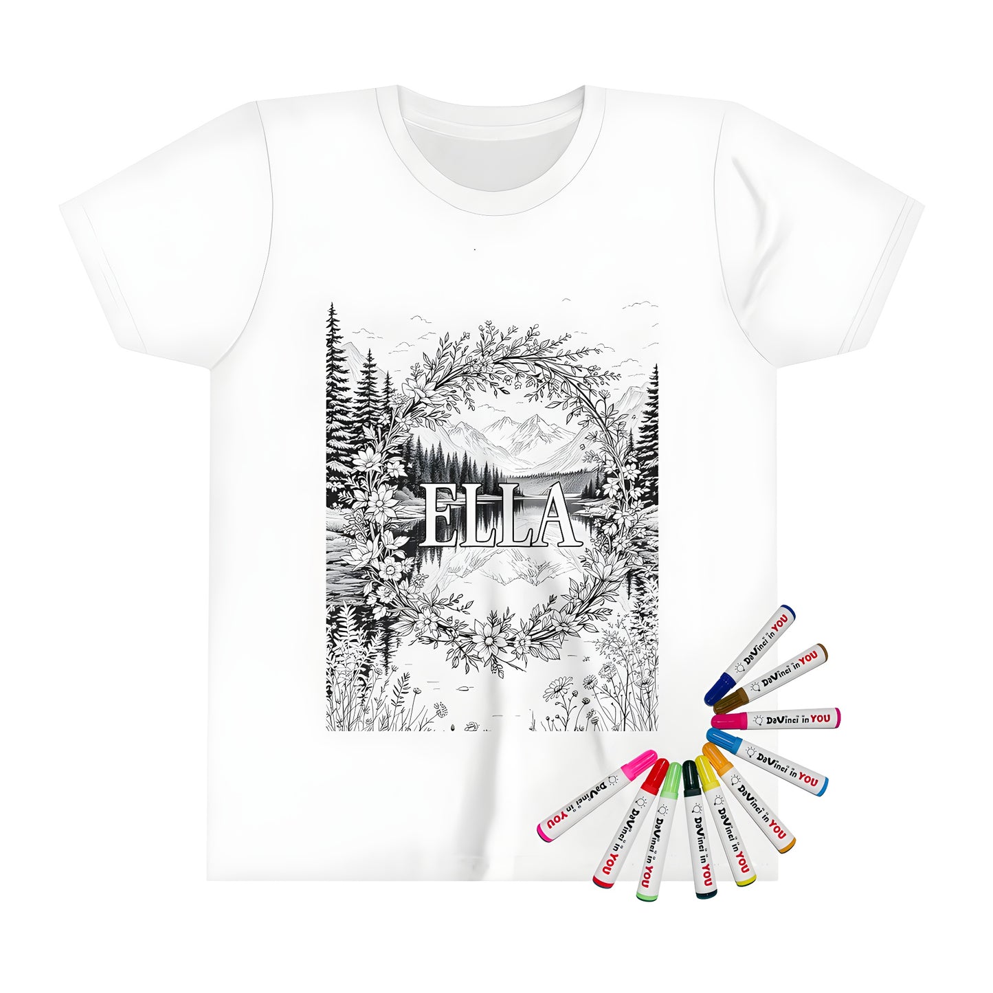 Kid's t-shirt featuring a serene floral wreath design with 'Ella' and a mountain lake background