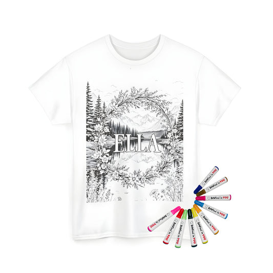 A serene black and white floral wreath surrounds the name 'Ella', set against a mountain and lake background, creating a harmonious, natural scene. Illustrated on a Unisex T-shirt.