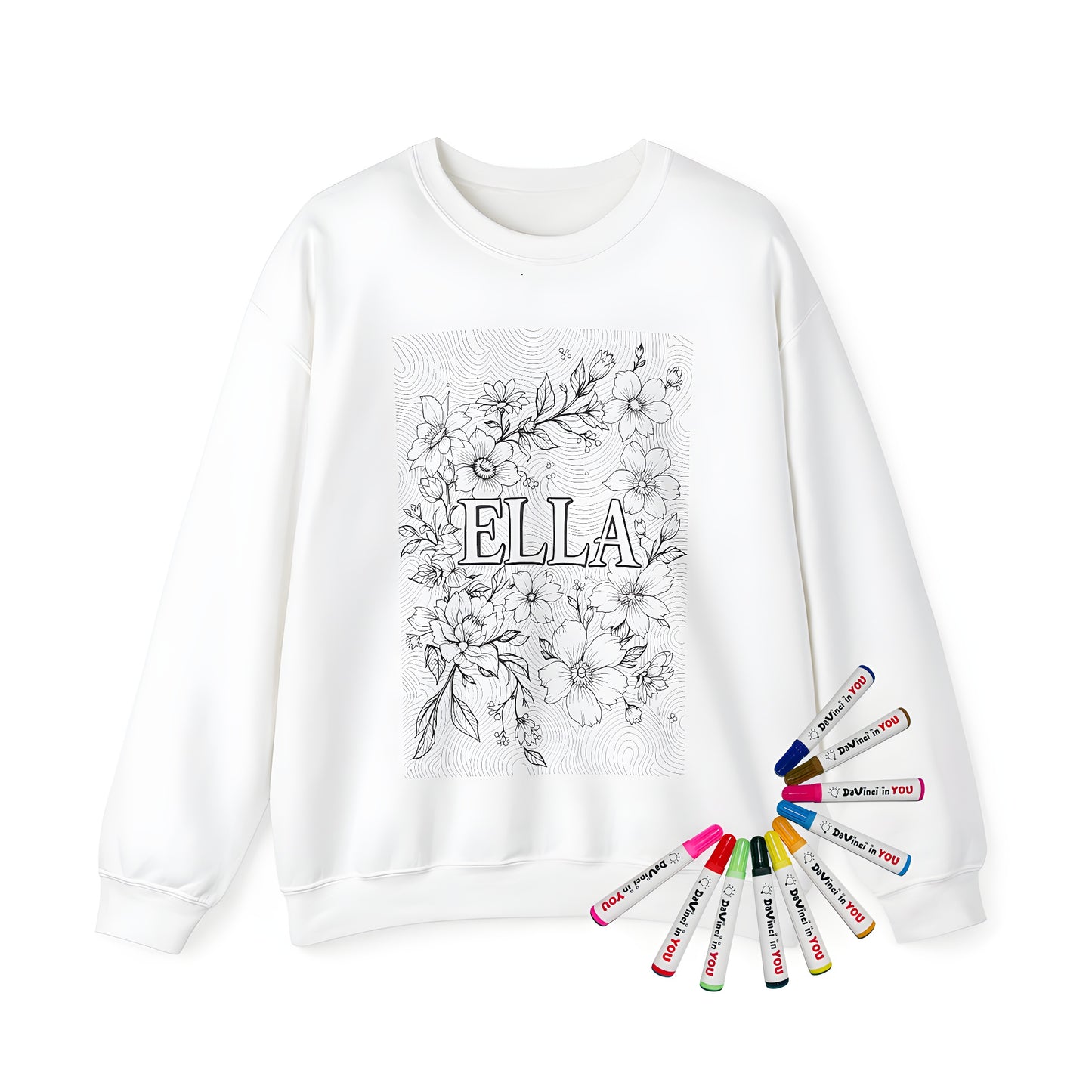 Adult sweatshirt featuring an Ella floral print, surrounded by intricate flower patterns and swirling lines. Unique gift for coloring book enthusiasts