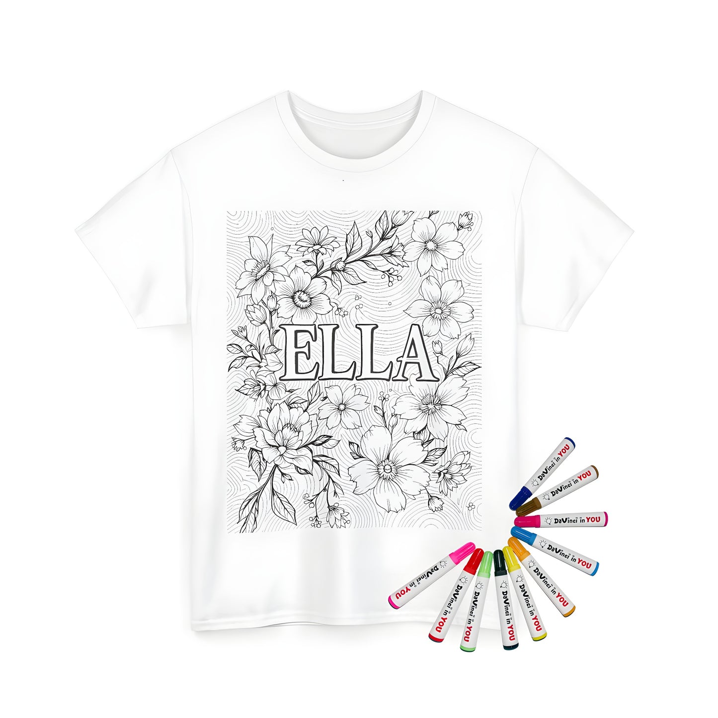 Unisex t-shirt with a detailed floral coloring page design featuring intricate flower patterns and swirling lines