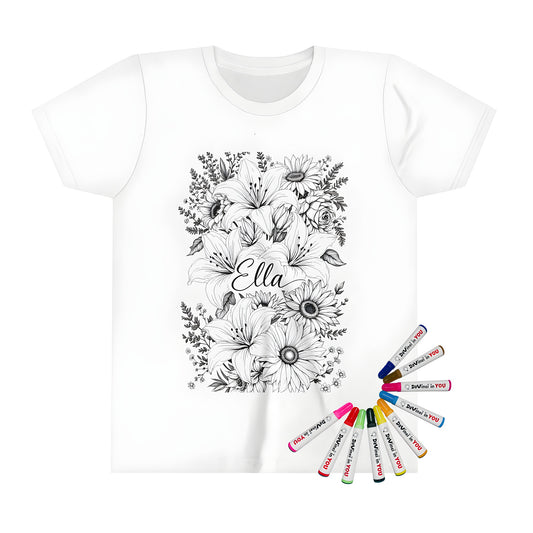 Kids' t-shirt with a beautiful lily and sunflower design, featuring a detailed black and white illustration of the flowers with the name Ella in the center. Perfect for little ones who love art and nature.