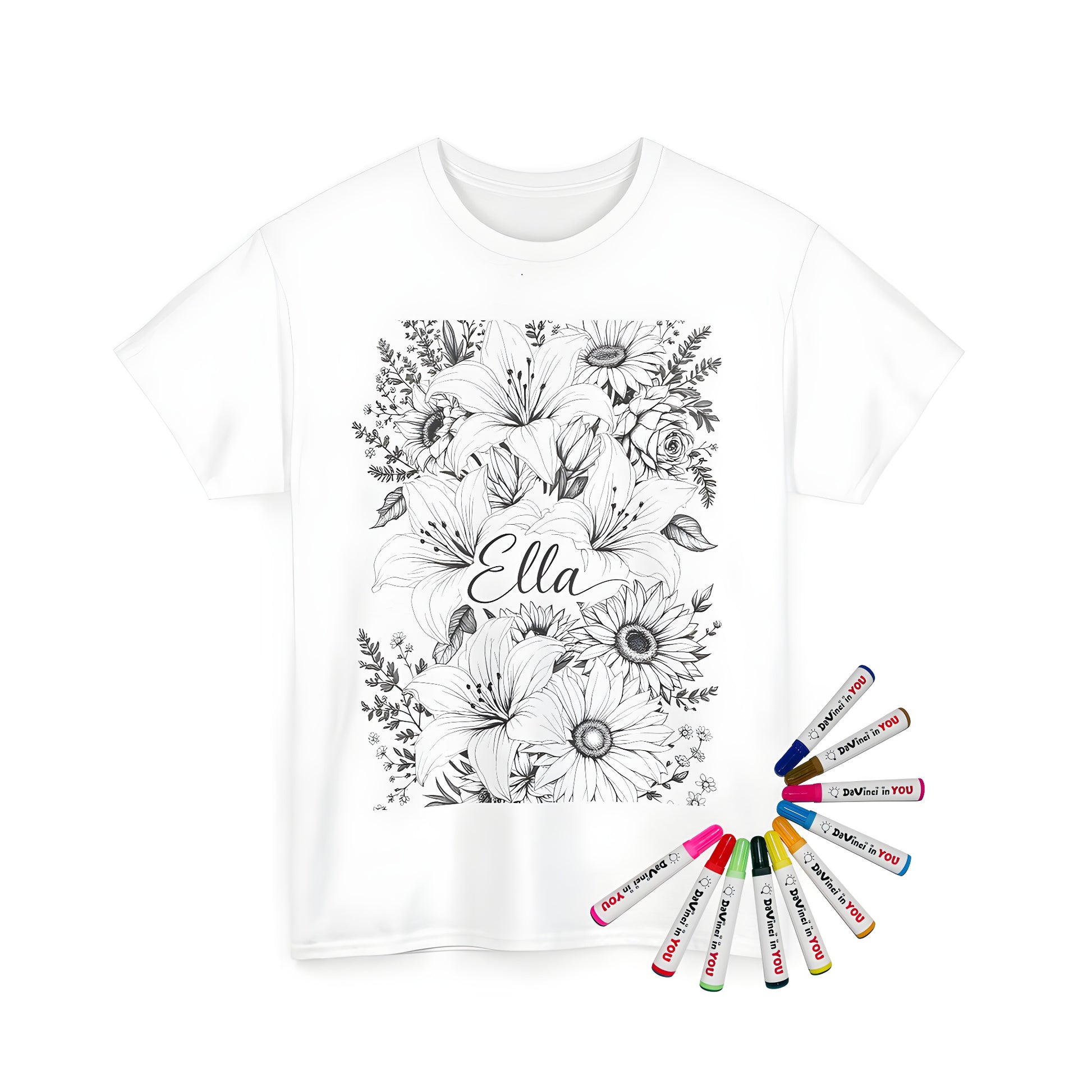 Coloring kit t-shirt with floral design featuring sunflowers, lilies, and name Ella in black and white illustration style