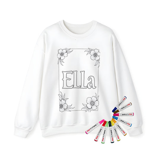 Adult sweatshirt with colorful Ella coloring page design featuring decorative floral border and detailed flowers at corners