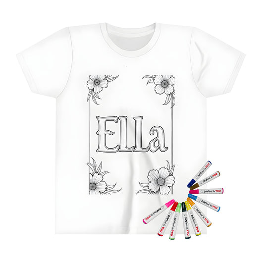 Kids t-shirt with colorful floral border design, Ella name featured on front