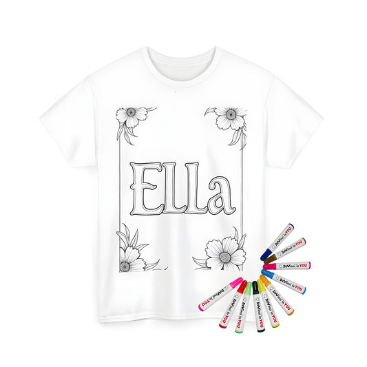 Unisex T-shirt featuring colorful Ella surrounded by vibrant floral border designs and detailed flowers at the corners