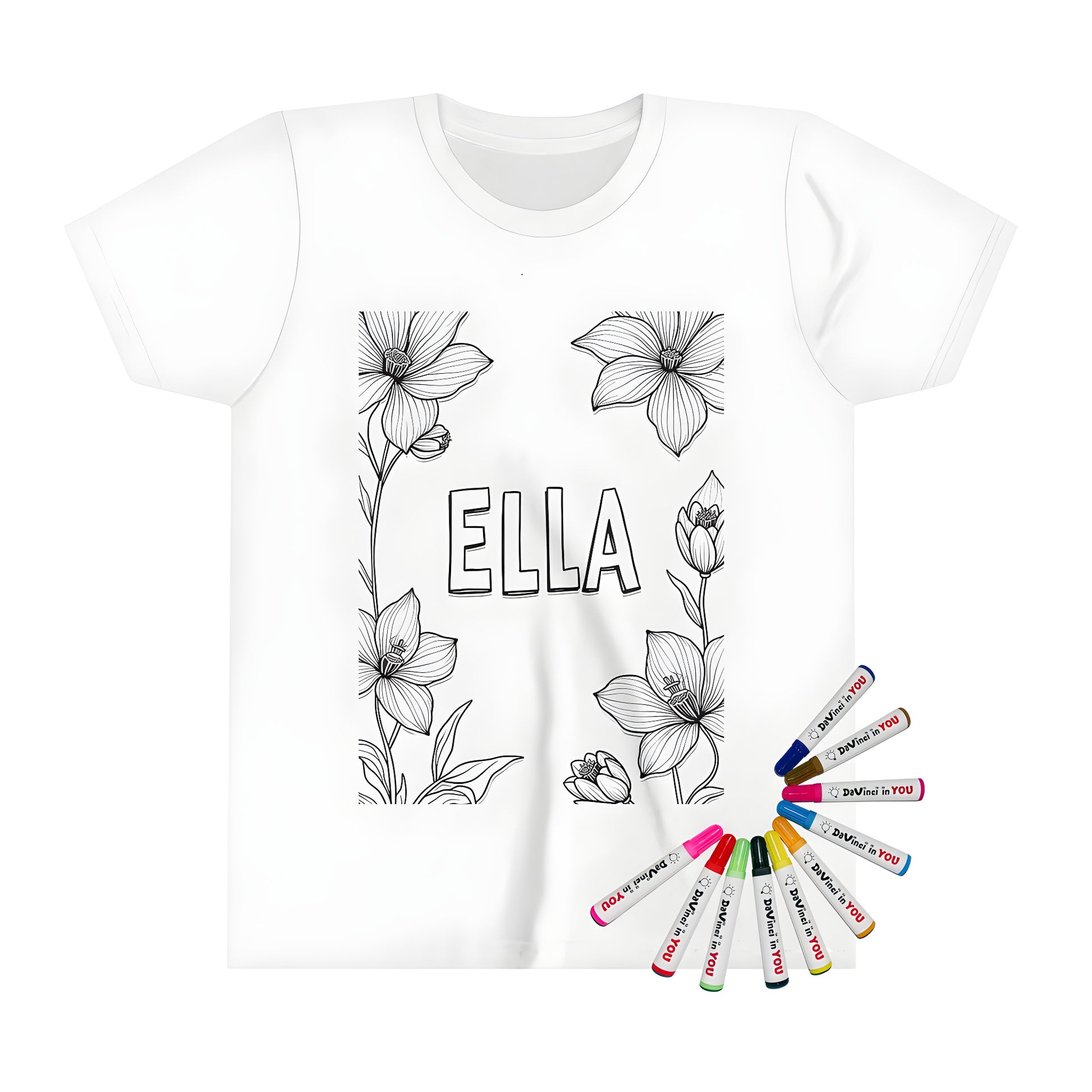 Kid's T-shirt with colorful flowers and text design, perfect for kids' coloring activities