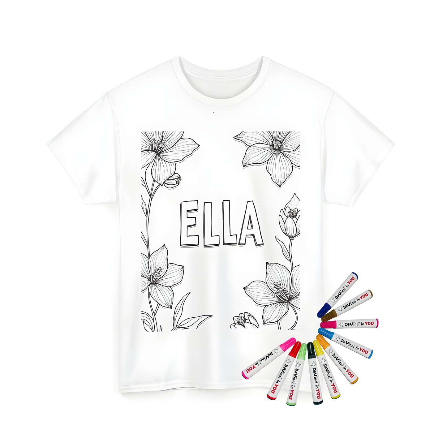 Unisex t-shirt with colorful floral pattern and text illustration, perfect for coloring