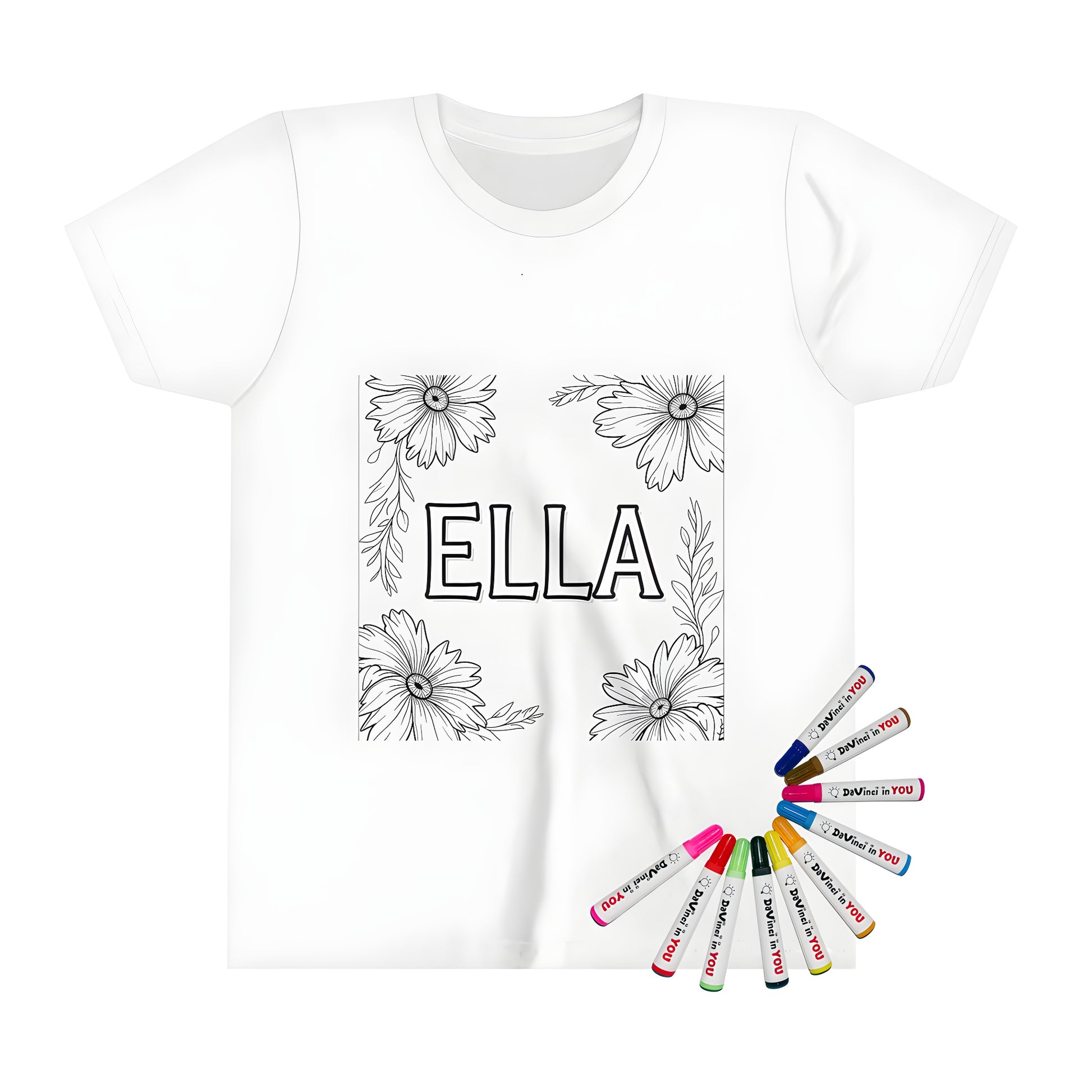 Coloring kit kid's t-shirt with intricate floral design and name 'ELLA' illustration