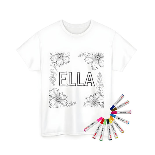 Unisex t-shirt featuring a colorful floral name design with intricate flowers and leaves