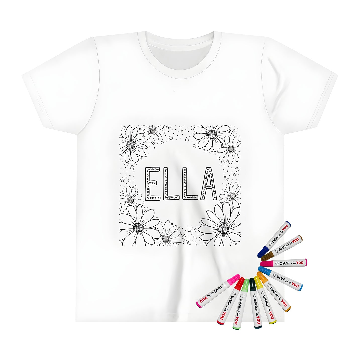 Kid's t-shirt featuring vibrant floral pattern with daisies and stars