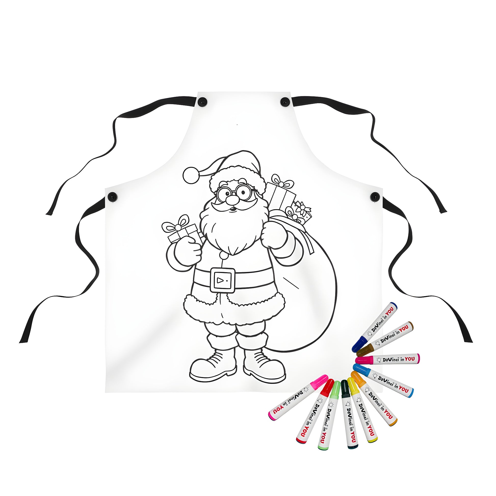 Apron with festive illustration of Saint Nick, Kris Kringle, or Father Christmas holding gifts