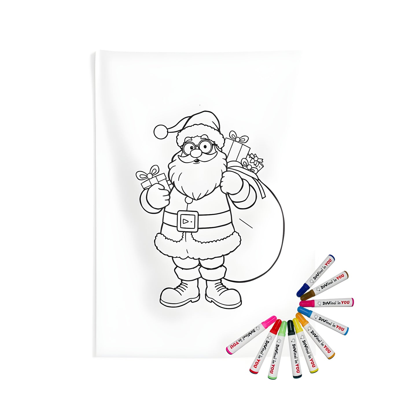 Coloring kit with festive indoor wall tapestry and fabric markers featuring Saint Nick, Kris Kringle, Father Christmas
