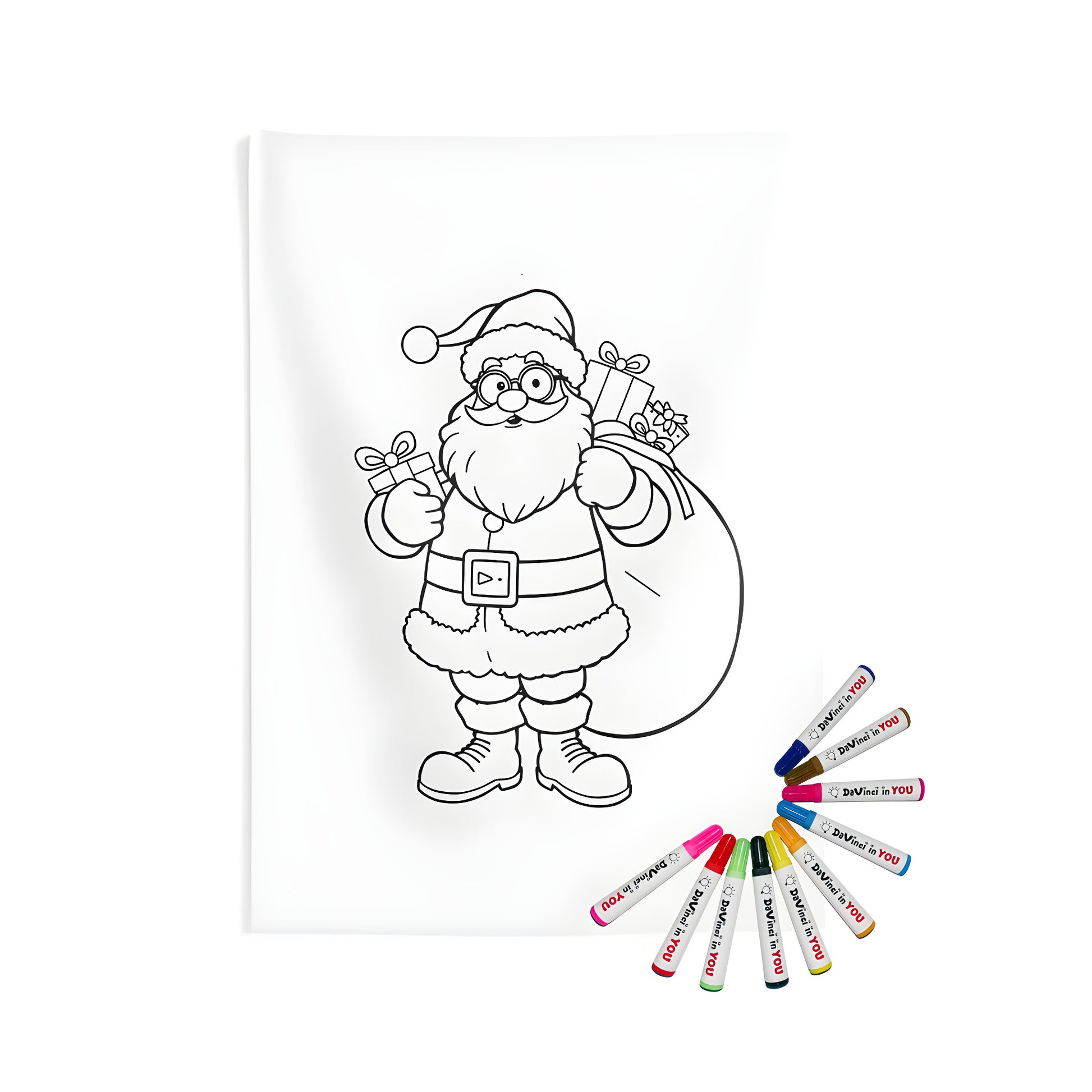 Coloring kit with festive indoor wall tapestry and fabric markers featuring Saint Nick, Kris Kringle, Father Christmas