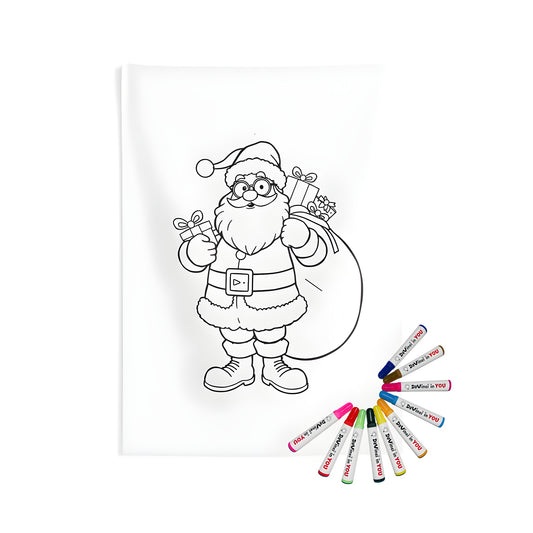 Coloring kit with festive indoor wall tapestry and fabric markers featuring Saint Nick, Kris Kringle, Father Christmas