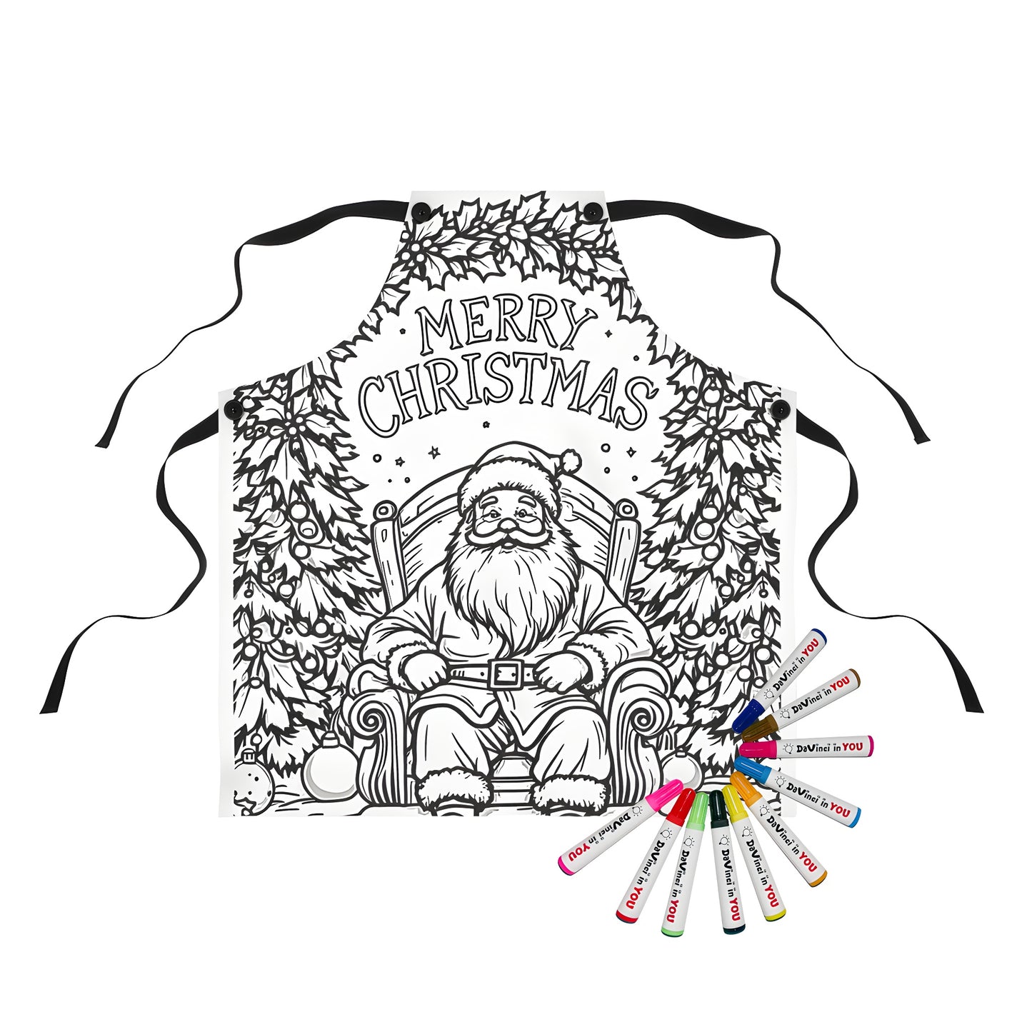 Apron featuring festive Christmas illustration of Kris Kringle, Saint Nick, Father Christmas, seated on a chair surrounded by colorful trees and 'Merry Christmas' text