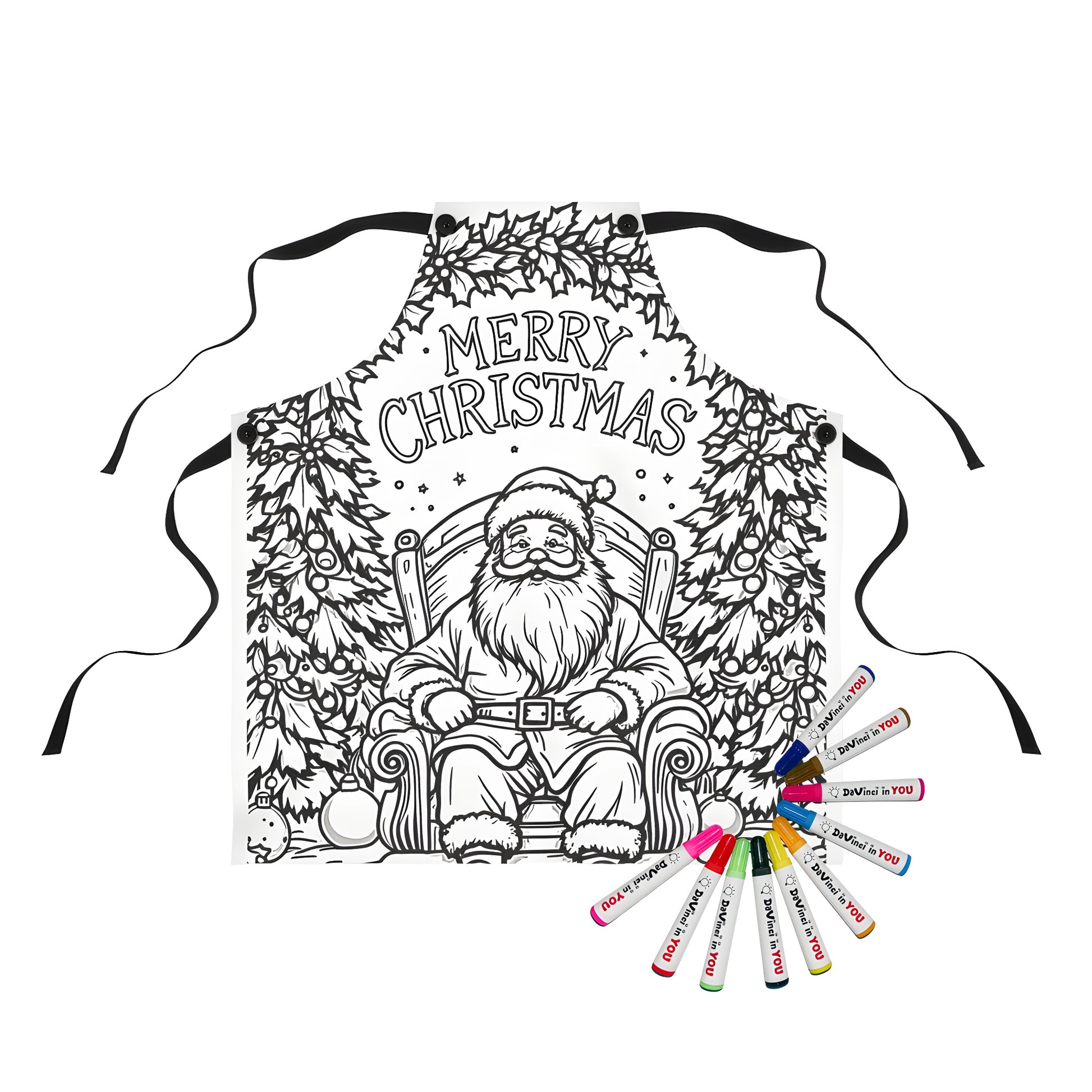 Apron featuring festive Christmas illustration of Kris Kringle, Saint Nick, Father Christmas, seated on a chair surrounded by colorful trees and 'Merry Christmas' text