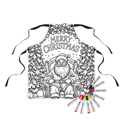 Apron featuring festive Christmas illustration of Kris Kringle, Saint Nick, Father Christmas, seated on a chair surrounded by colorful trees and 'Merry Christmas' text