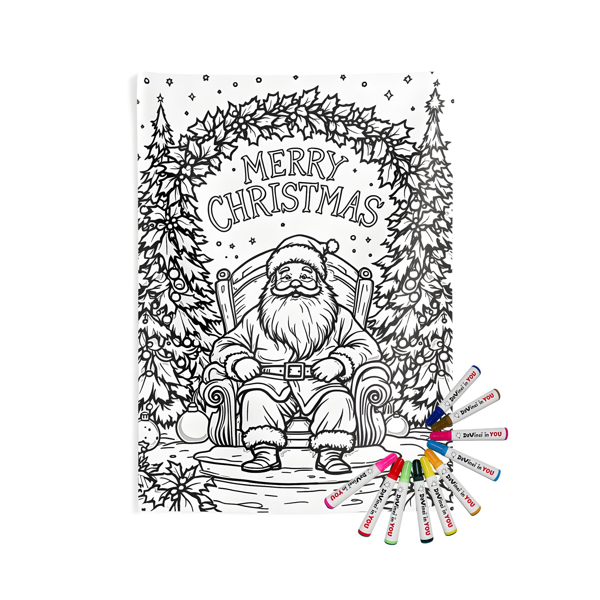 Christmas-themed indoor wall tapestries for sale - colorful illustration of Kris Kringle seated on a chair amidst Christmas trees and 'Merry Christmas' text
