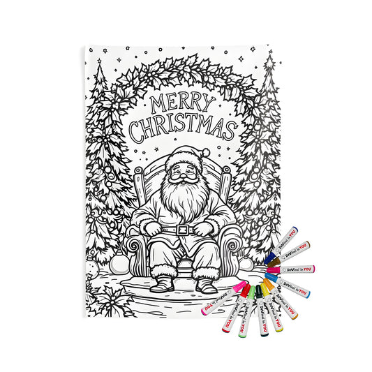 Christmas-themed indoor wall tapestries for sale - colorful illustration of Kris Kringle seated on a chair amidst Christmas trees and 'Merry Christmas' text